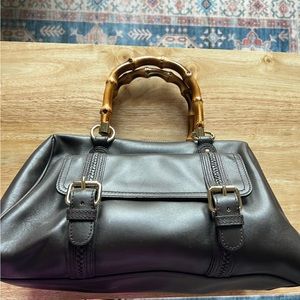 ROOMY Ann Taylor BROWN GENUINE LEATHER ZIP BAMBOO HANDLES SATCHEL HANDBAG PURSE